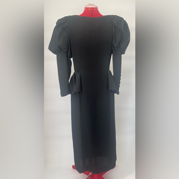 80s Morton Myles Black Peplum Dramatic Shoulder Crepe Midi Dress - Picture 3 of 14